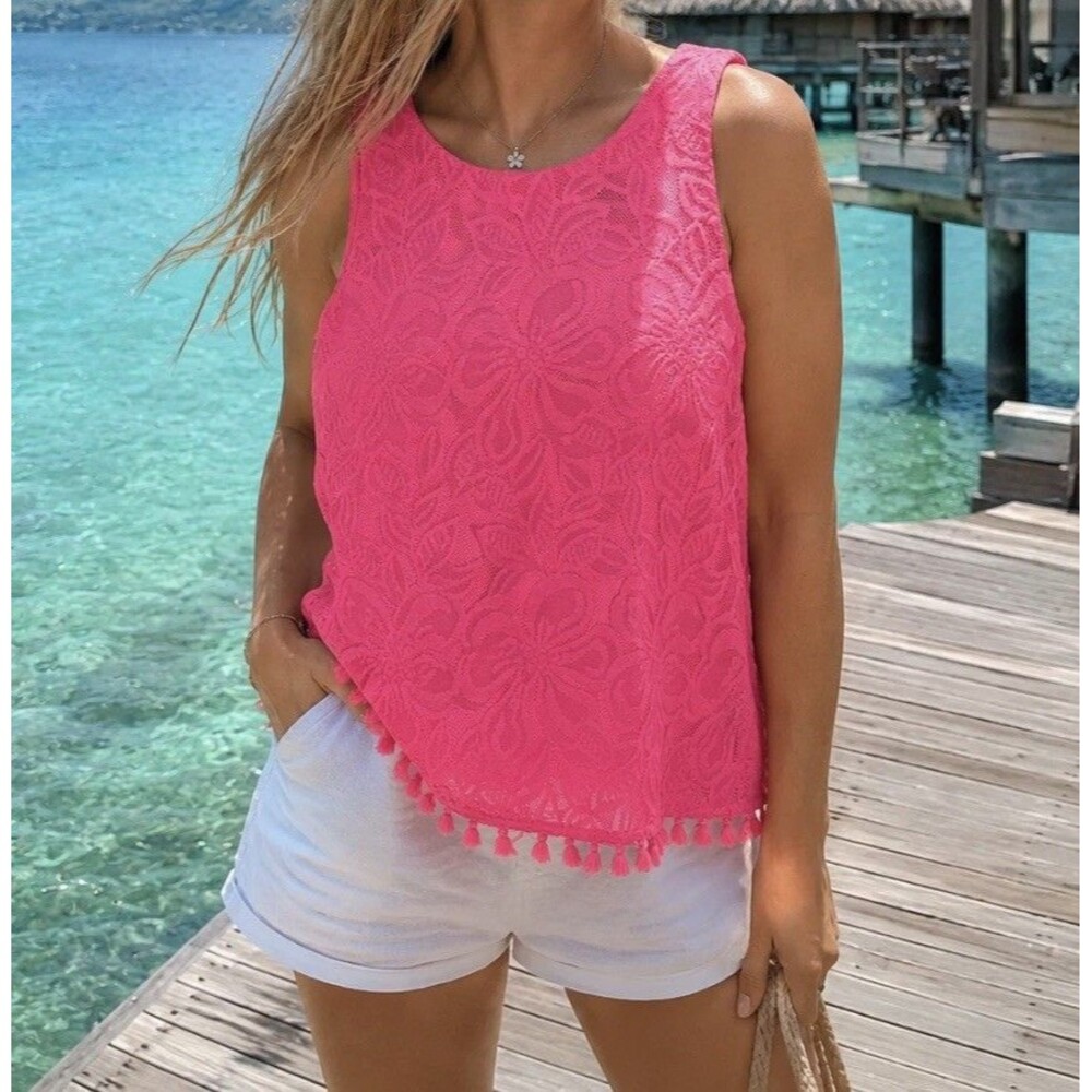 Lilly Pulitzer Maybelle Top SZ XXS Pink Floral Lace Tassel Fringe Sleeveless EUC